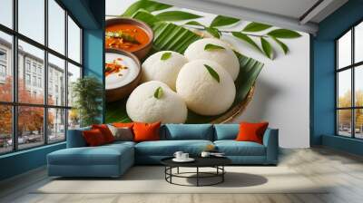 South Indian idli served with chutney isolated on white background Wall mural