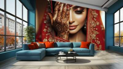 The Indian bride used one hand to cover her face. Wall mural