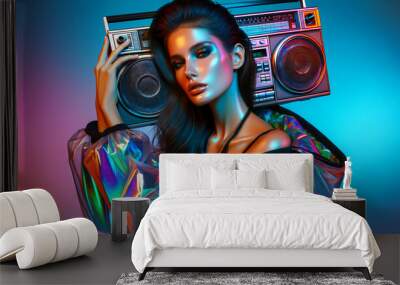 woman with a boombox and blue and pink lights Wall mural