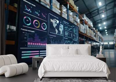 A digital dashboard showing real-time data and analytics related to inventory management and logistics in supply chain management.  Wall mural