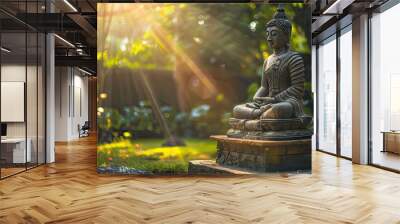 Buddha statue sitting in a meditative pose on a stone pedestal with sunlight streaming through trees.  Wall mural