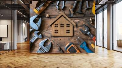 Array of different repair equipment on a wooden table with a small wooden house model Wall mural