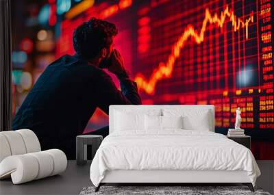 Businessman despairing over a declining stock market graph projected in the background Wall mural