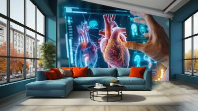 Cardiologist doctor examining patient heart functions and blood vessels on virtual interface, medical technology and healthcare treatment Wall mural