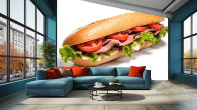 A delicious roast beef sandwich with swiss cheese, lettuce and tomato on a french bread baguette isolated on white background Wall mural