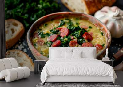 Caldo Verde Soup with greens and chopped chorizo on the top in the bowl on a gray stone background. Wall mural