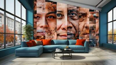 collage Human faces made from portrait of different people of diverse age, gender and race. Concept of social equality, human rights, freedom, diversity, acceptance Wall mural