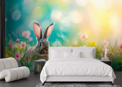 colorful decorated easter eggs with easter rabbit in the grass n unfocused background. Easter concept Wall mural