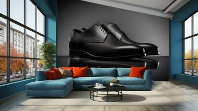 Elegant black leather shoes for men on black background. Photo studio style. Ai generative Wall mural