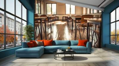 Empty classroom interior with wooden desks and chairs Wall mural