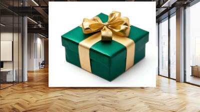 green gift box wrapped with gold bow and ribbon isolated on white background Wall mural