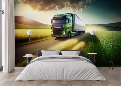 green transport truck driving through a blurred green meadow at sunrise. Ai generative Wall mural