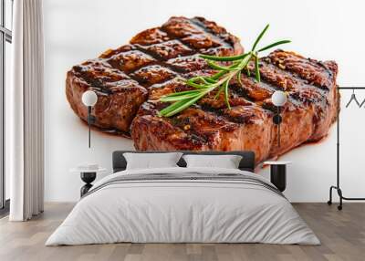 Juicy beef steak grilled with aromatic herbs isolated on white background Wall mural