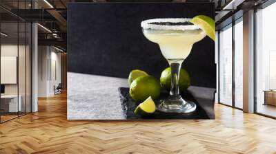 Margarita cocktails with lime in glass on gray background. Copyspace Wall mural