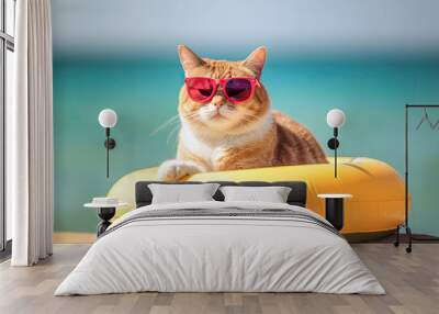 Portrait of a funny cat in sunglasses on a yellow float on the beach. Summer concept. Ai generative Wall mural