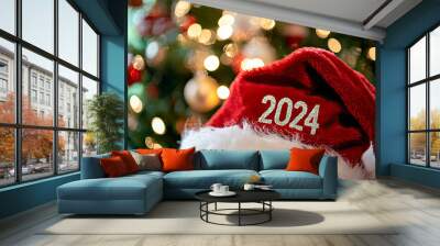 Santa Claus hat with 2025 and blurred background Wall mural