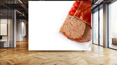 Traditional American meatloaf with ketchup isolated on white background. Top view. Copy space	 Wall mural