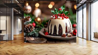 Traditional British Christmas pudding with christmas decoration and blurred light background. Copy space Wall mural