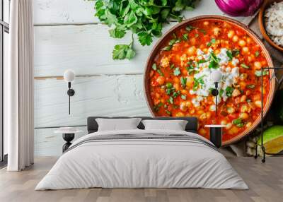 Traditional mexican red pozole in bowl on white wooden table. Top view. Copy space Wall mural