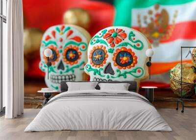 Traditional Mexican skull-shaped cookies for the Day of the Dead on wooden table background Wall mural