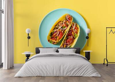 Traditional Mexican tacos with meat and vegetables on yellow background Wall mural