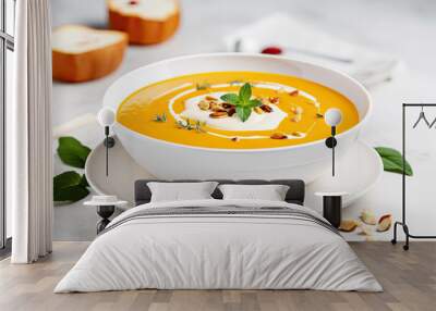 Traditional pumpkin soup with cream in bowl on white marble Wall mural