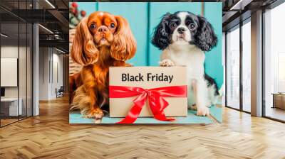 two cute dogs sitting on a black friday box Wall mural