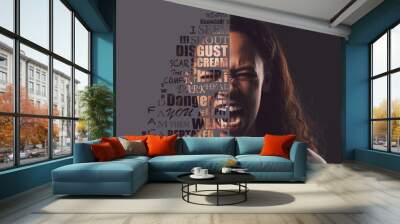 Angry, protest and quotes or words by woman shouting or screaming isolated against a studio black background. Frustrated, annoyed and portrait activist loud for mental health, depression and anxiety Wall mural