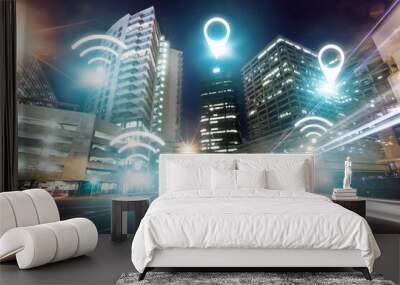 City street, internet and night, wireless connectivity with building, technology abstract and communication. Pin location, connection and urban landscape, light with cyber and digital transformation Wall mural