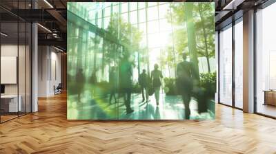 Corporate, building and business group of people walking for city exploration, sustainable living or office. Blurry, silhouette and movement background for architecture, wallpaper and eco friendly Wall mural