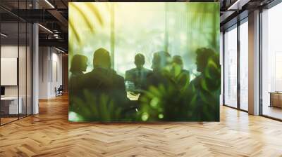 Group, boardroom and business meeting in an office for collaboration, teamwork and sustainability. Blurry, green and silhouette people sitting together for meeting and leadership in nature workplace Wall mural