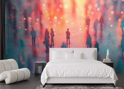 Group, people and crowd connected to wifi internet, big data and smart city. Silhouette, businesspeople and public network lines for communication, futuristic connection and marketing strategy Wall mural