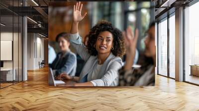 Raised hand, business and woman volunteer or voting at meeting, conference or trading seminar. Office, confident and female at convention, workshop gathering, or asking a question in workplace Wall mural