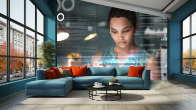 Black woman with tablet, focus and data overlay for erp app innovation, research and programming in future info technology. Futuristic analytics, software and developer for startup business website. Wall mural