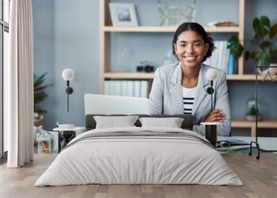 My ambition doesnt have an off switch. Portrait of a young businesswoman working at her desk in a modern office. Wall mural