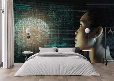 Screen, code and ai, brain hologram and black woman, programming with future technology. Robot, knowledge and data analysis, IT and software with human mind, neurology and 3D with robotics innovation Wall mural