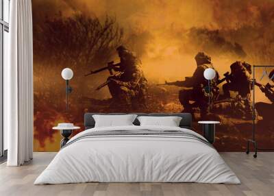 Battlefield, military or army with conflict, people or nature with explosion, shooting or warzone. Warrior, men or women outdoor, gun or mission with service, firearms or soldier with gear or courage Wall mural