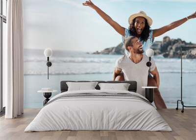 Beach adventure, piggyback and excited couple with space on summer holiday travel to ocean. Love, man and happy woman at sea, happiness on date in nature and vacation together in Mexico with mockup. Wall mural