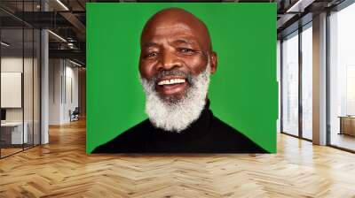 Happy, smile and portrait of black man on green screen for confident, fashion and elegant. Happiness, style and senior with face of male model isolated on studio background for pride and beard mockup Wall mural