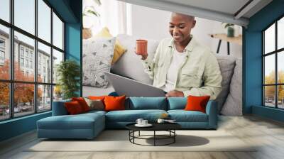 Home laptop, communication and happy black woman reading social network notification, online media or website search engine. Computer, lounge sofa and African person research, internet and drink tea Wall mural