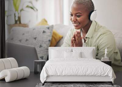 Laptop, home and happy woman reading results, email or feedback for job opportunity success. Gratitude, headphones or excited African person in celebration of review or online sales on computer or pc Wall mural