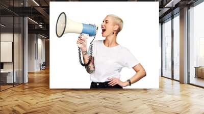 Megaphone, broadcast and woman voice isolated on transparent png background for speaking, protest or vote. Freedom of speech, strong opinion and gen z person in call to action, human rights or change Wall mural