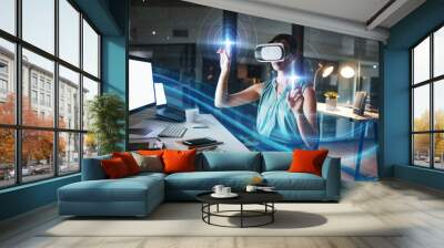 Metaverse, vr and business woman in virtual reality exploring a cyber world in office at night. Futuristic, mockup technology and female employee with ai and software for 3d digital transformation. Wall mural