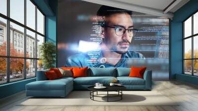 Programming coding and man with focus, hologram and trading with cyber security, futuristic and research. Male person, investor and employee with data analysis, server or investment with website info Wall mural