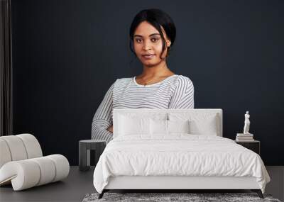 Serious, mockup and portrait of a black woman arms crossed isolated in a gray background studio ready for work. Proud, dark and African female person or professional confident and focus on job Wall mural