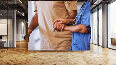 support, trust and help from caregiver or nurse walking with senior man or patient in retirement hom Wall mural