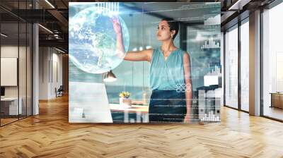 World, virtual reality or overlay with a business black woman using a ai ux interface to access metaverse data. Digital, future and information on a 3d hologram for finance, trading or stock market Wall mural