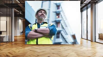 Youll always get a solid foundation with him. Shot of a engineer standing in front of a building. Wall mural