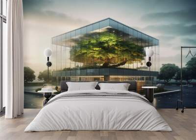 Architecture, sustainability and tree with buildings in city for carbon footprint, eco friendly and futuristic. Ai generated, glass and construction with house for green, ecology and environment Wall mural