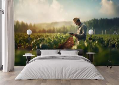 Farmer using a digital tablet in a field. Farming, agriculture and environmental technology Wall mural